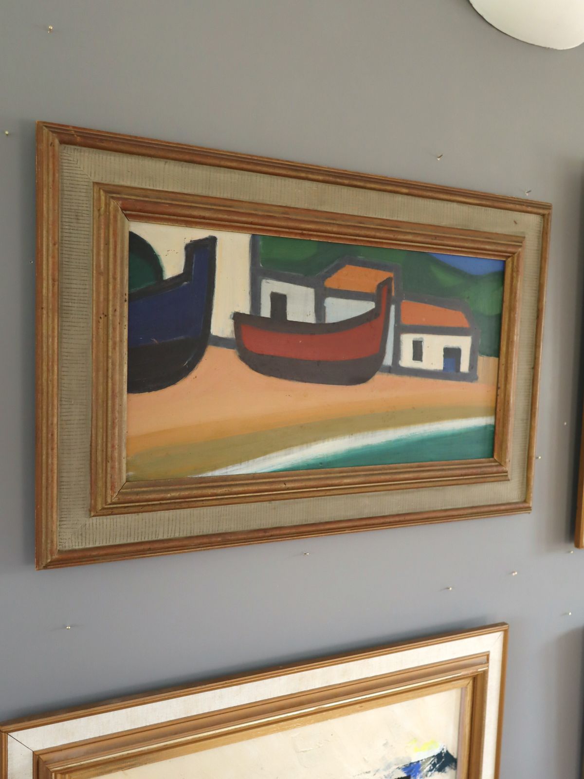 Boats At Rest Oil Painting, Mid 20th Century photo Art