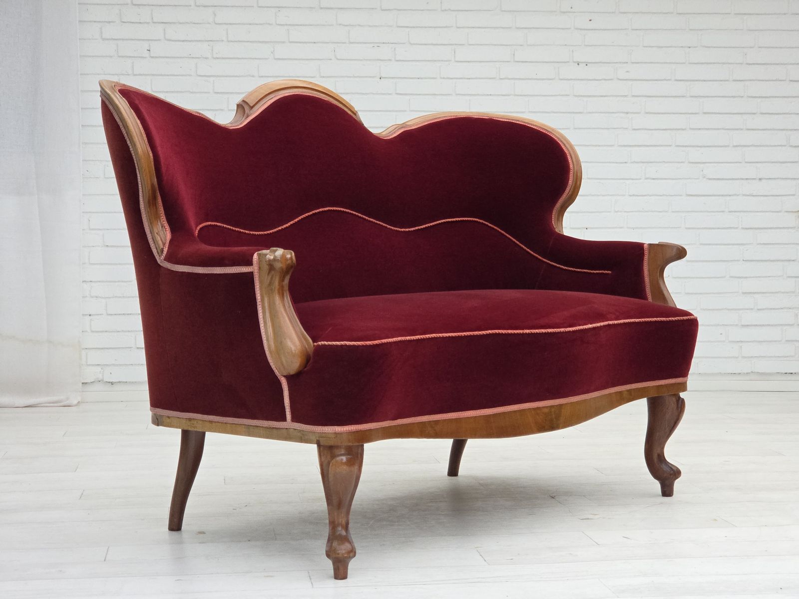 photo furniture 1920 30s, Danish 2 Seater Sofa, Furniture Velour, Ash Wood, Reupholstered.