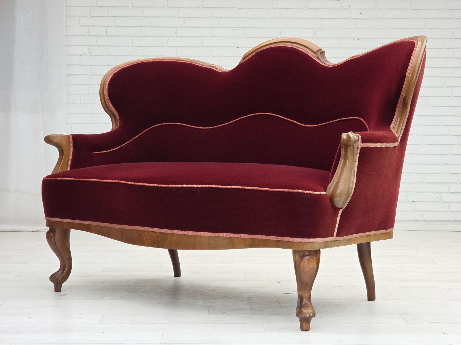 photo buy 1920 30s, Danish 2 Seater Sofa, Furniture Velour, Ash Wood, Reupholstered.