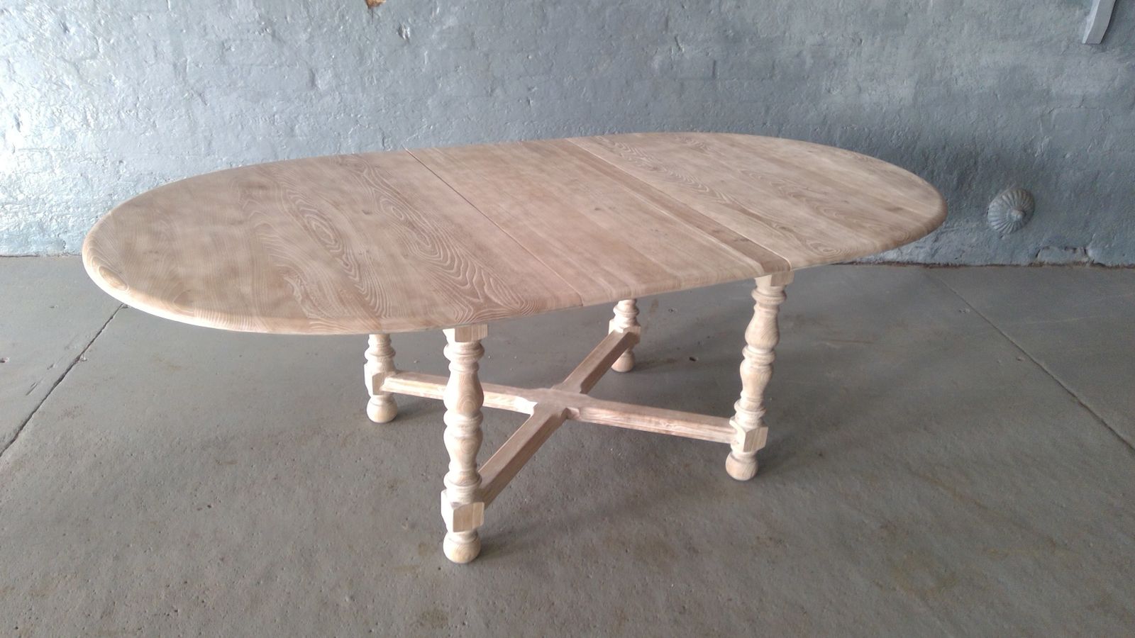 A Turned Leg Cross Stretcher Base Drawer Leaf  Cerused Elm Refectory Table, 1950s, In A Driftwood White Modernity Finish