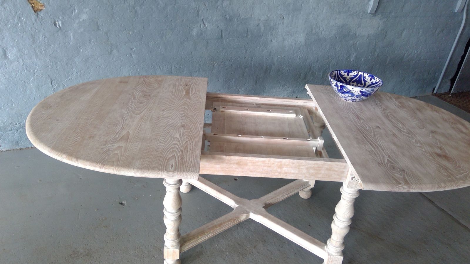 A Turned Leg Cross Stretcher Base Drawer Leaf  Cerused Elm Refectory Table, 1950s, In A Driftwood White Modernity Finish photo buy