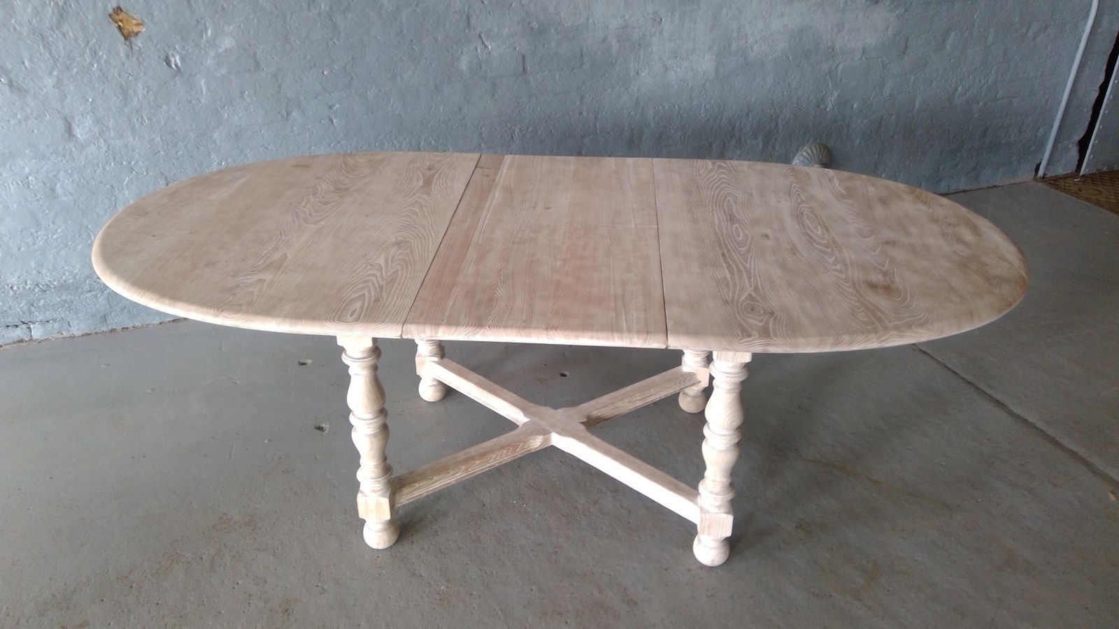 A Turned Leg Cross Stretcher Base Drawer Leaf  Cerused Elm Refectory Table, 1950s, In A Driftwood White Modernity Finish photo vintage