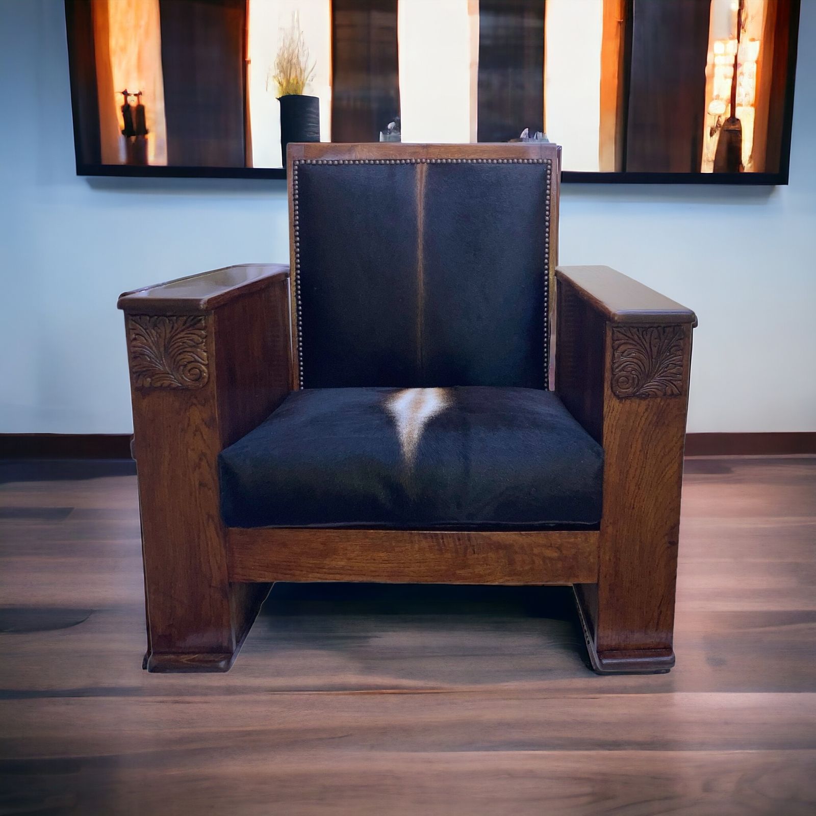 Heals Style Art Deco Library Armchair With Bookcase And Drinks Compartment In South American Cowhide Fully Restored