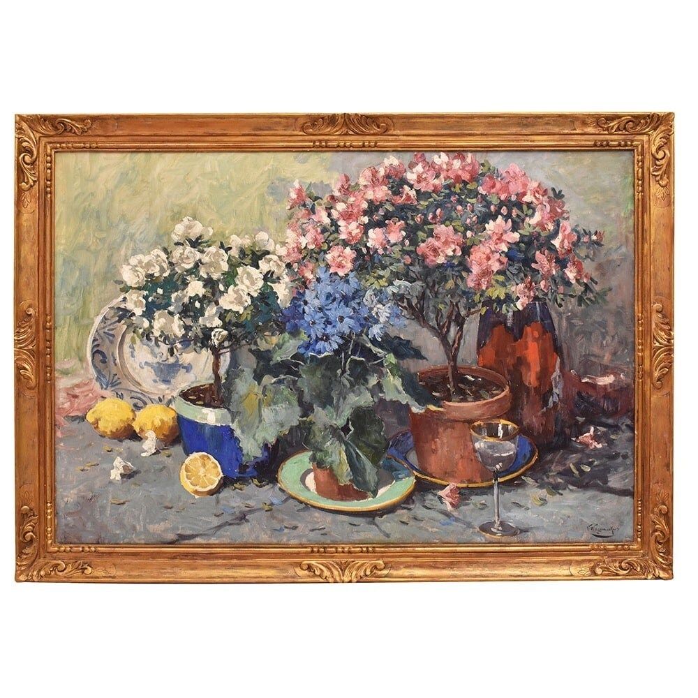 Antique Flower Painting, Still Life, Pink Roses And Azalea, Oil On Canvas, 20th Century. (Qf682)