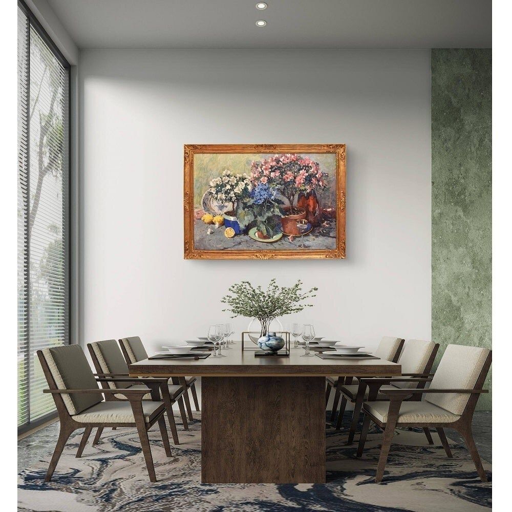 Antique Flower Painting, Still Life, Pink Roses And Azalea, Oil On Canvas, 20th Century. (Qf682) photo furniture