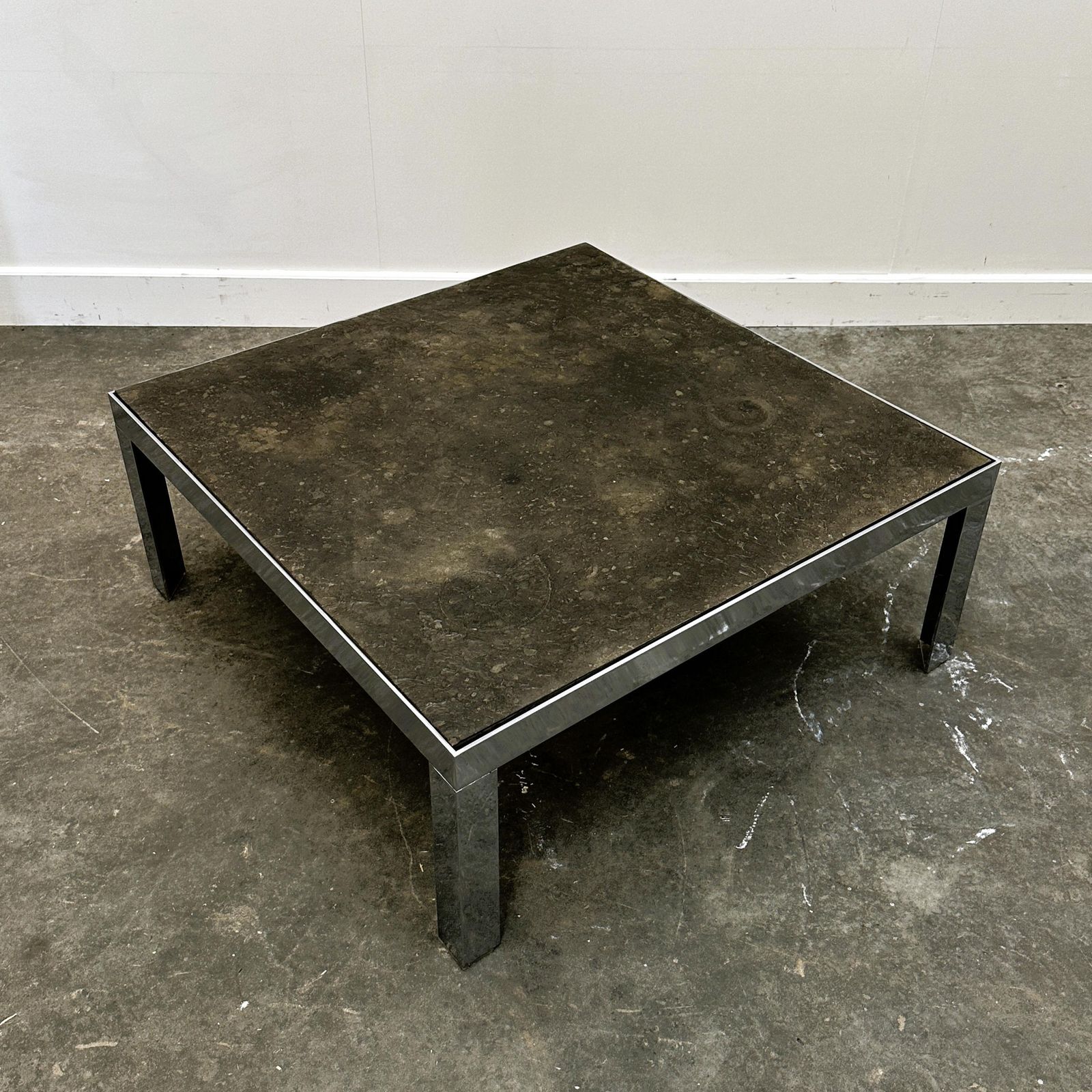 1970s Slate And Chrome Coffee Table With Shell Fossil, Germany 1970s.