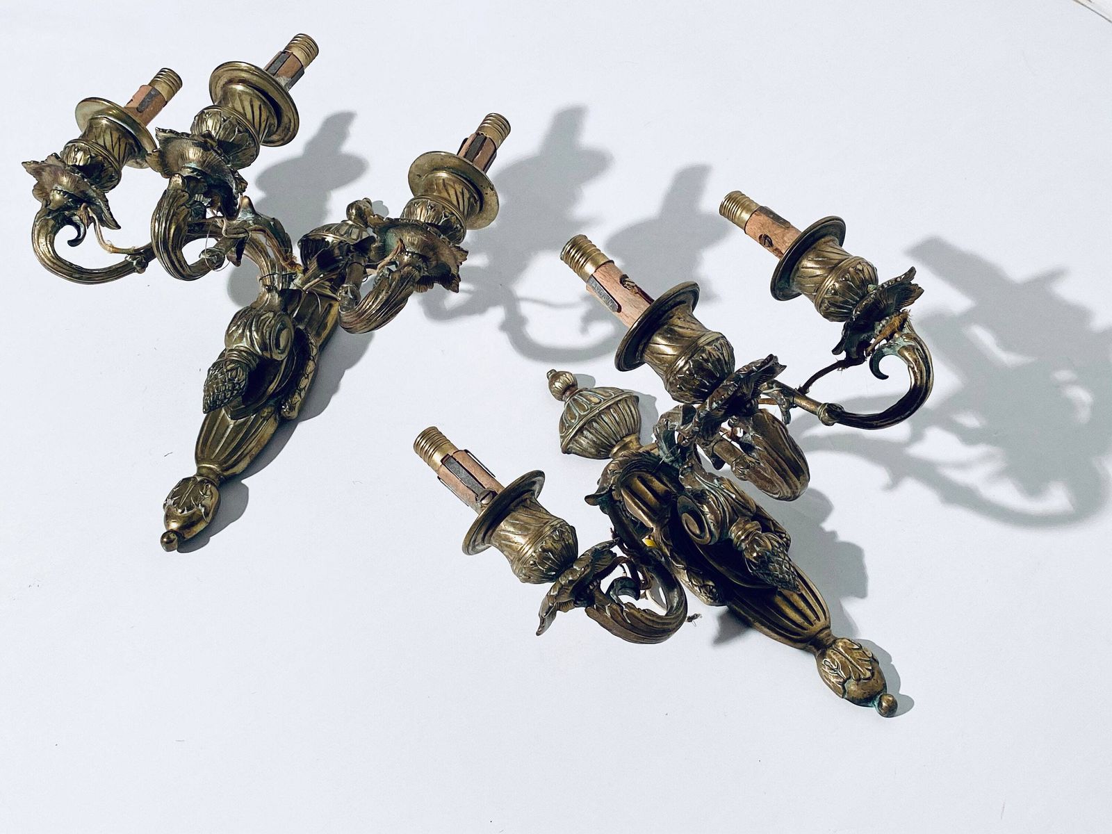 Two Antique Elegant French Bronze Wall Lamps / Opulent Louis XVI Castle Wall Decor 1920s photo vinterior