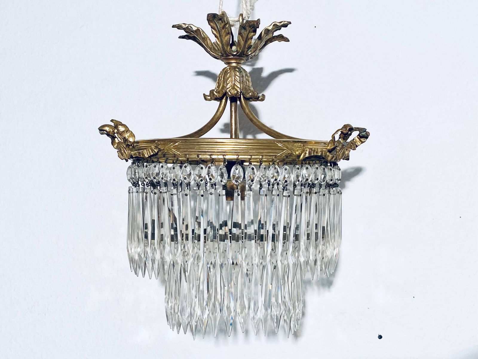 Crystal Chandelier Ceiling Basket Lamp Glass / France Vintage Decor 1920s