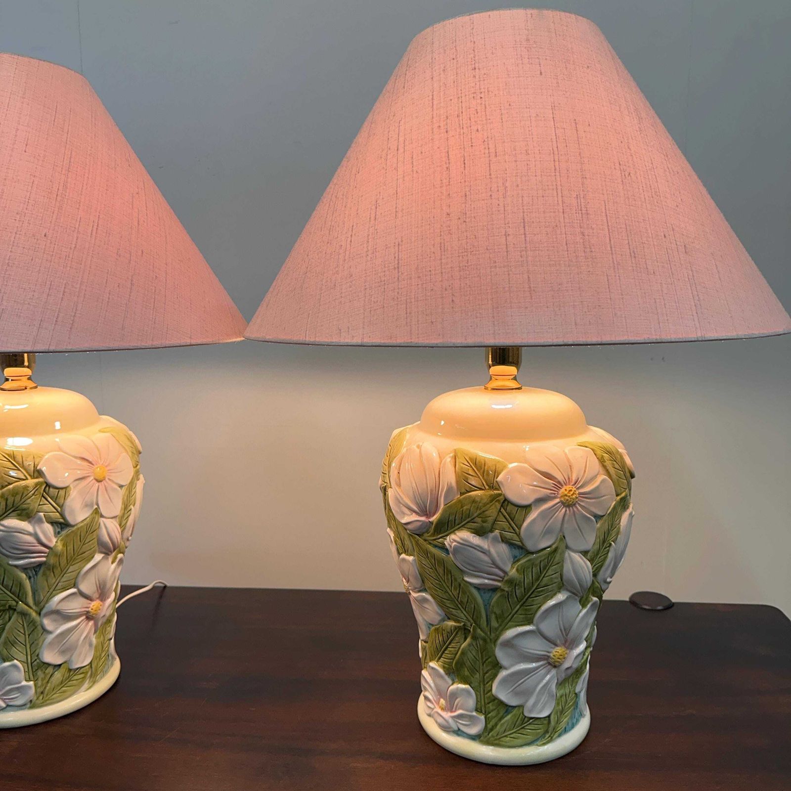 Pair Of Large Vintage Ceramic Table Lamps With 3d Floral Design, 1970s photo buy