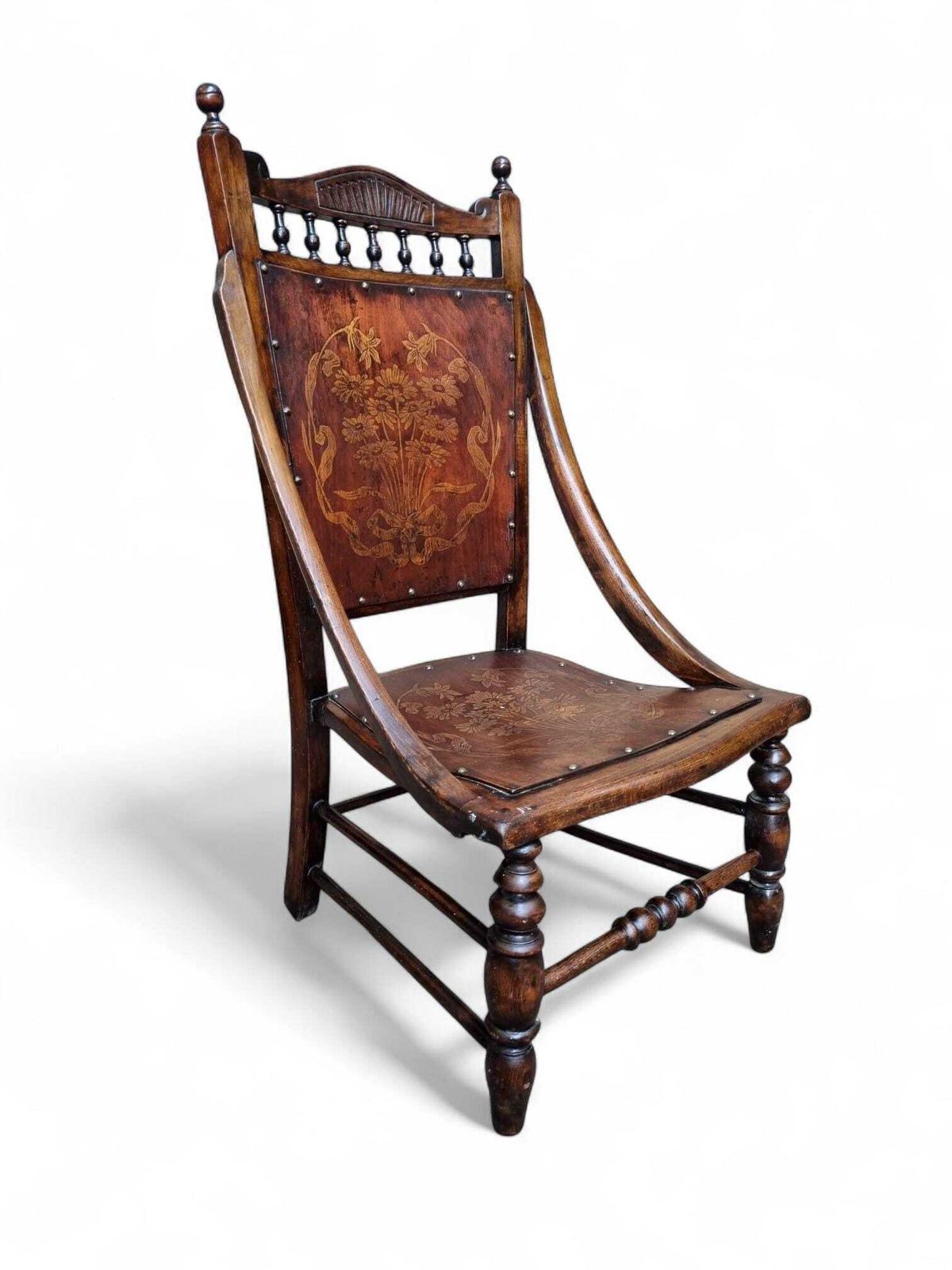 photo furniture Antique Edwardian Century Beech Floral Occasional Chair / Early 20th Century