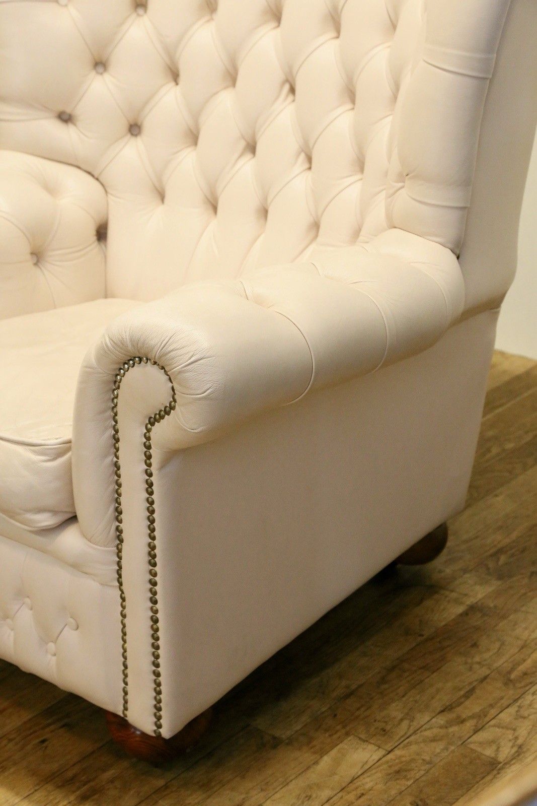 Vintage Off White Leather Chesterfield Wingback Armchair photo vinterior