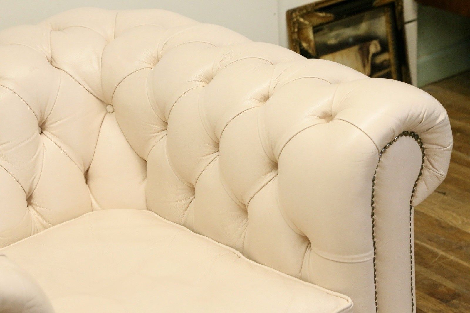 photo for sale Vintage Off White Button Leather Chesterfield Club Chair
