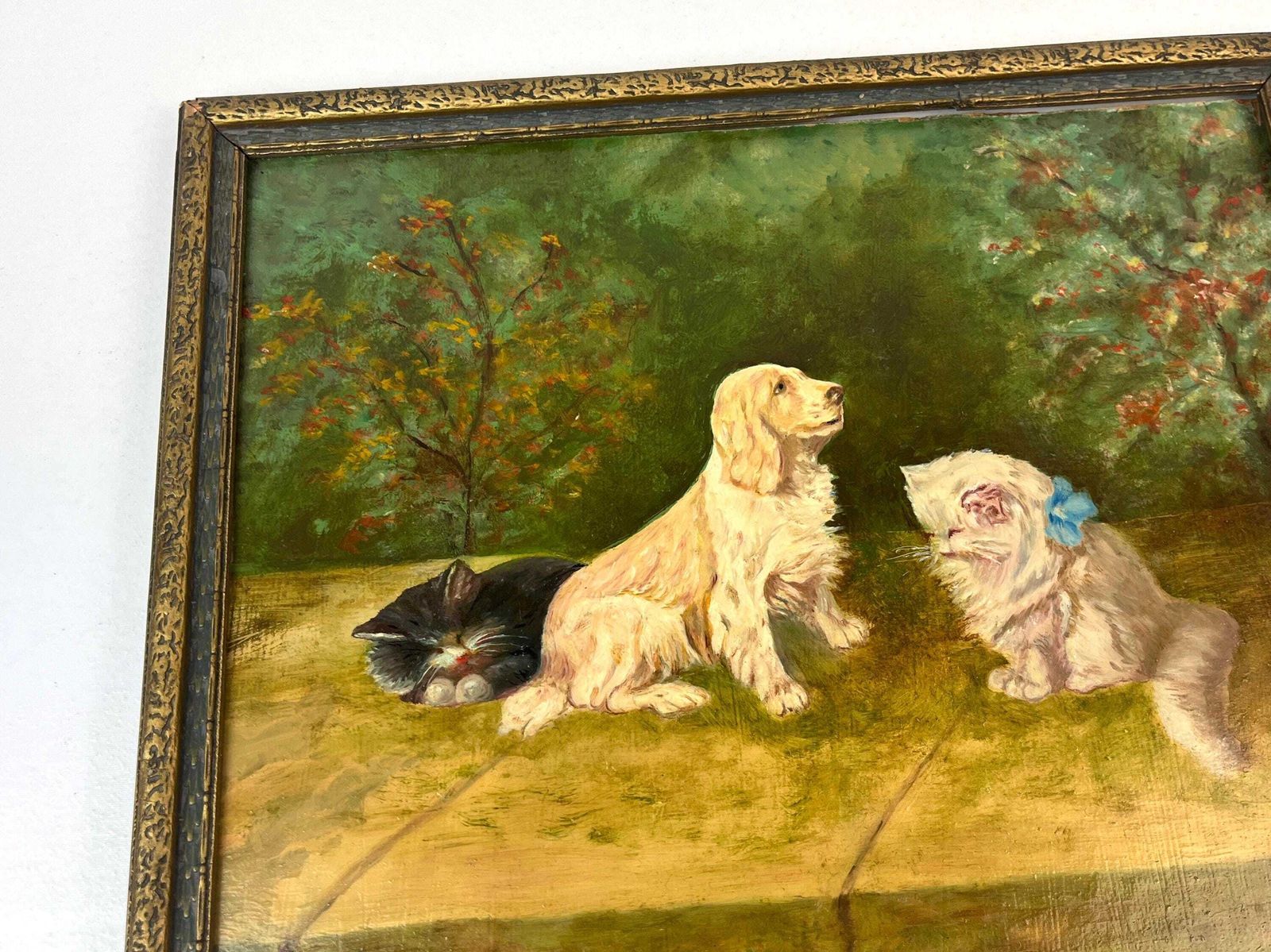 Beautiful Antique Cats And Dogs Oil Painting Signed By J. Villes Framed About 1920 photo furniture