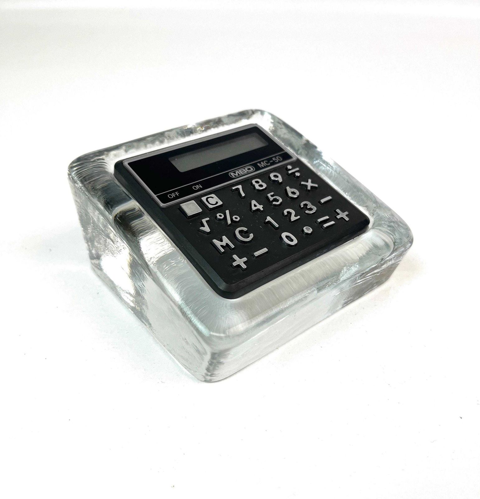 photo furniture Rare Mid Century Ice Glass Block Working Calculator By Mbo Minimalist Office Decoration Paperweight