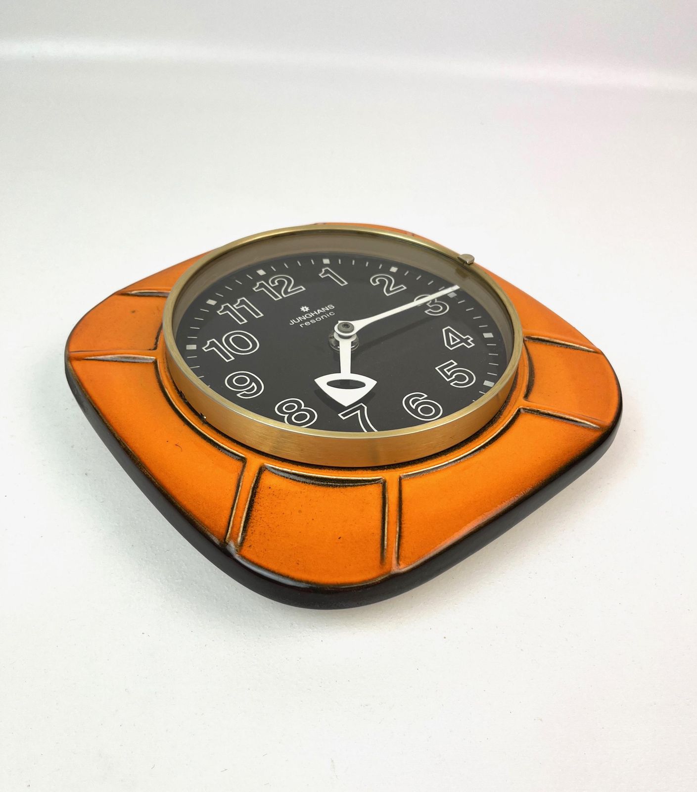 Very Rare Mid Century 70s Space Age Orange Ceramic Wall Clock By Junghans Resonic photo for sale