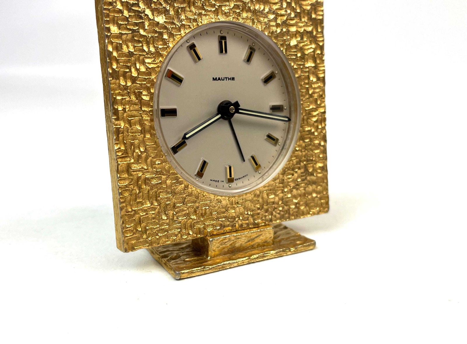 Stunning Mid Century Golden Sculptural Metal Brutalist Alarm Desk Clock By Mauthe photo Home Decor