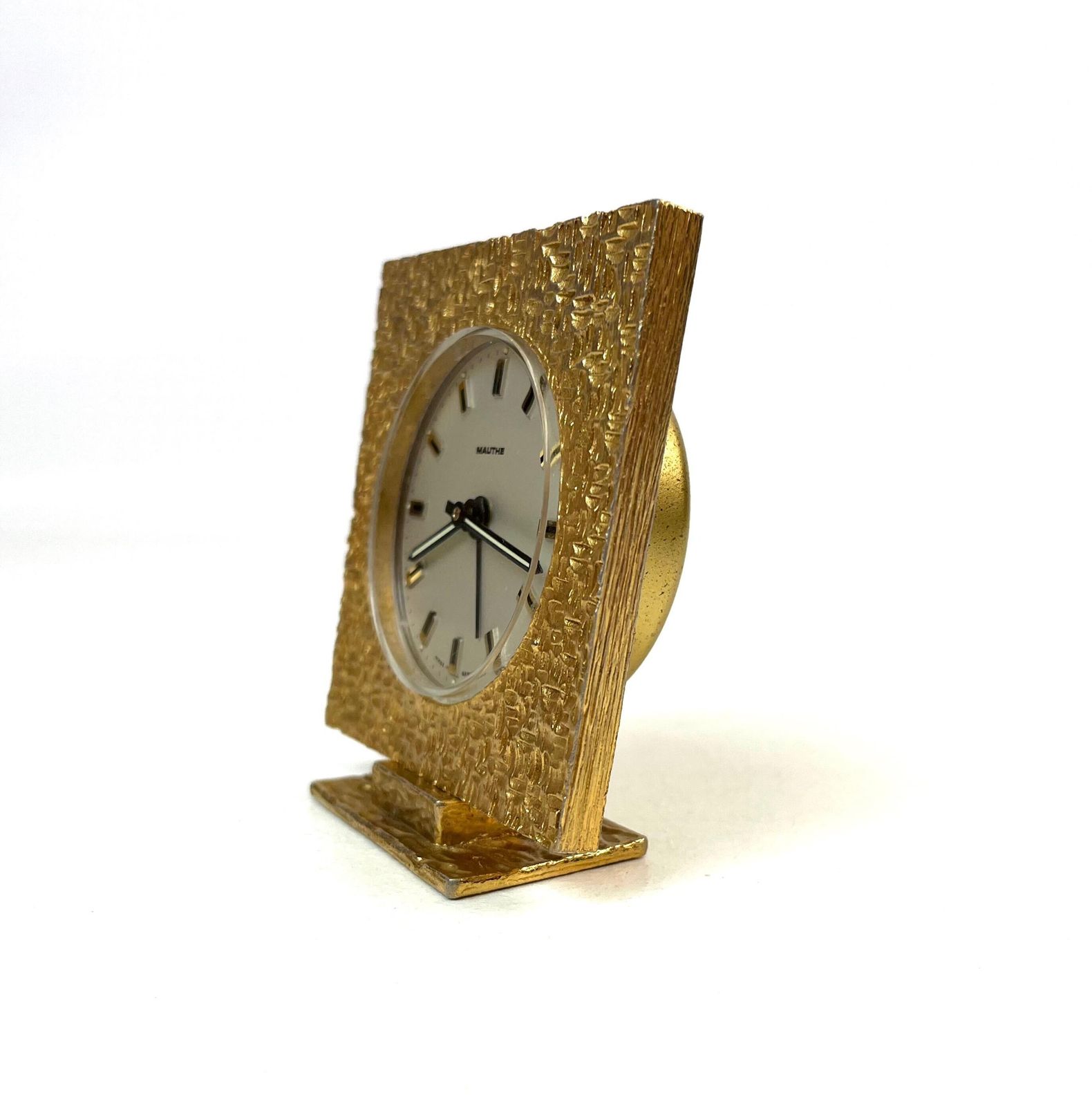 Stunning Mid Century Golden Sculptural Metal Brutalist Alarm Desk Clock By Mauthe photo buy