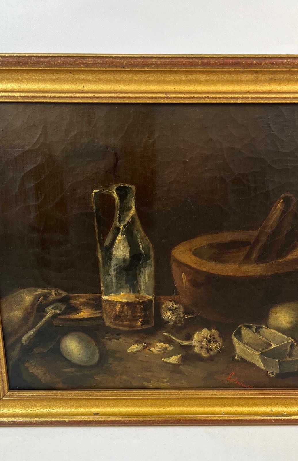 Moody Antique French Kitchen Still Life Oil On Canvas Painting Eggs Garlic Signed 1881 photo Art