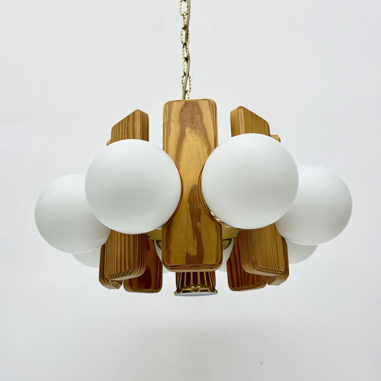 Vintage Pine Wooden Chandelier With Glass Globes , 1970s