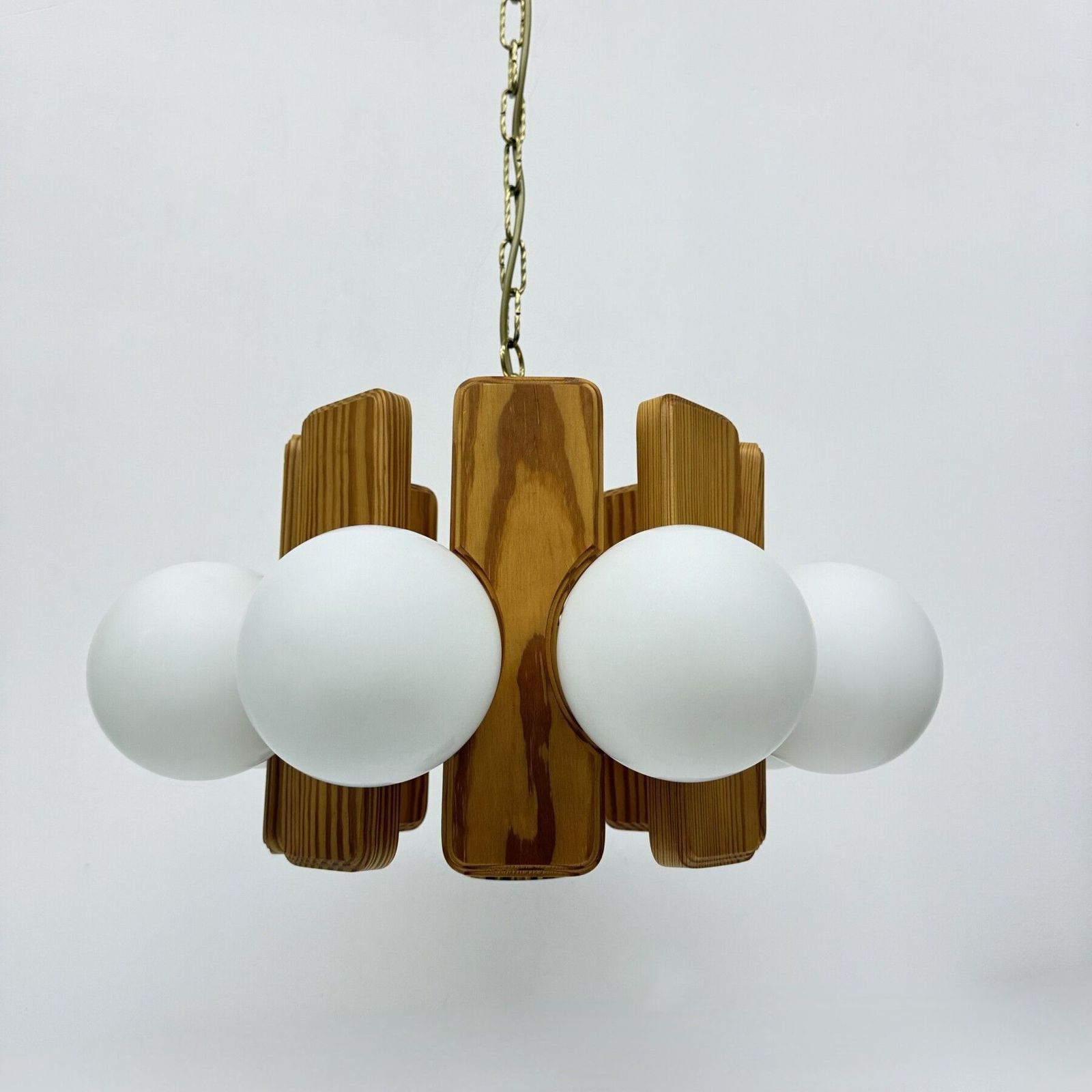 Vintage Pine Wooden Chandelier With Glass Globes , 1970s photo Lighting