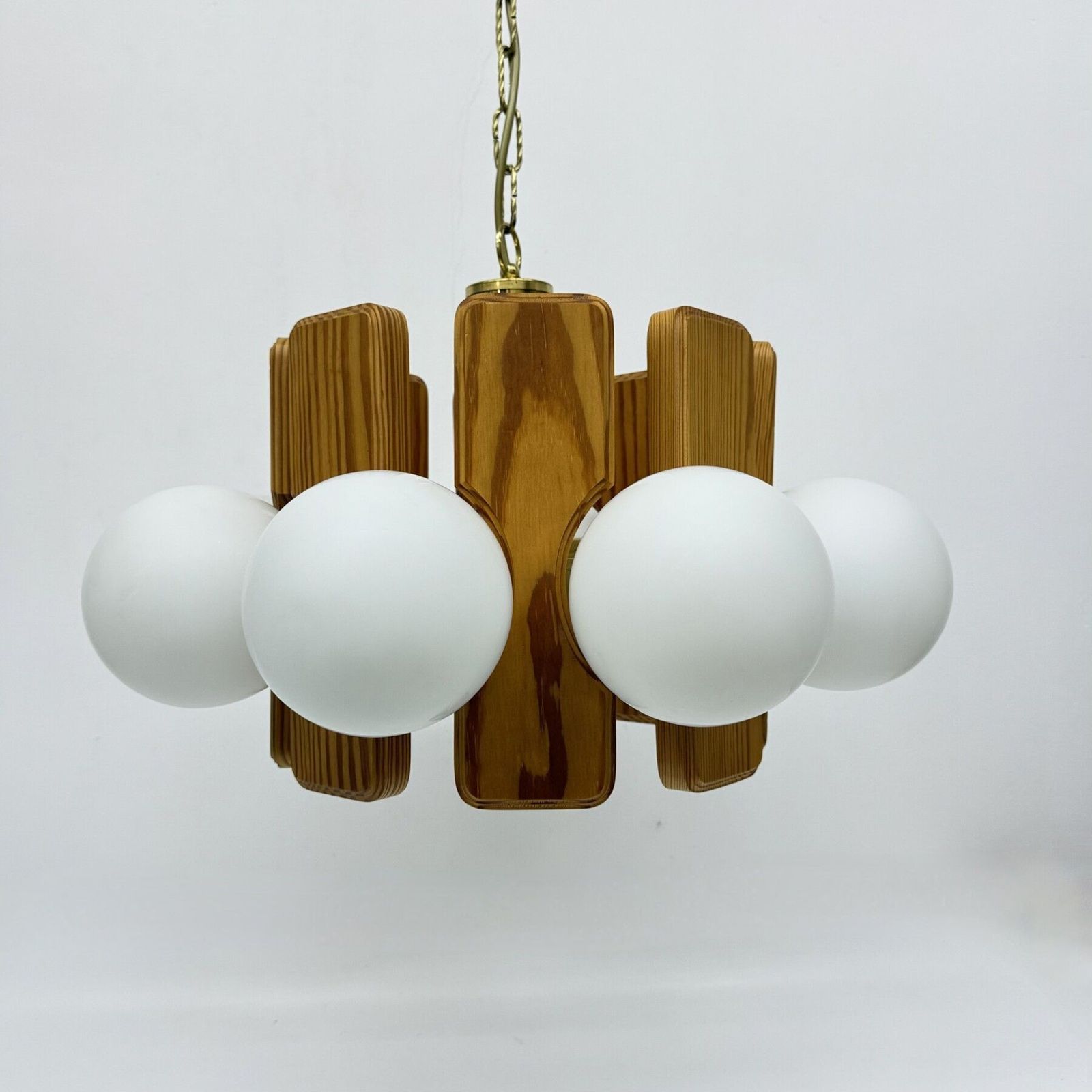 photo furniture Vintage Pine Wooden Chandelier With Glass Globes , 1970s