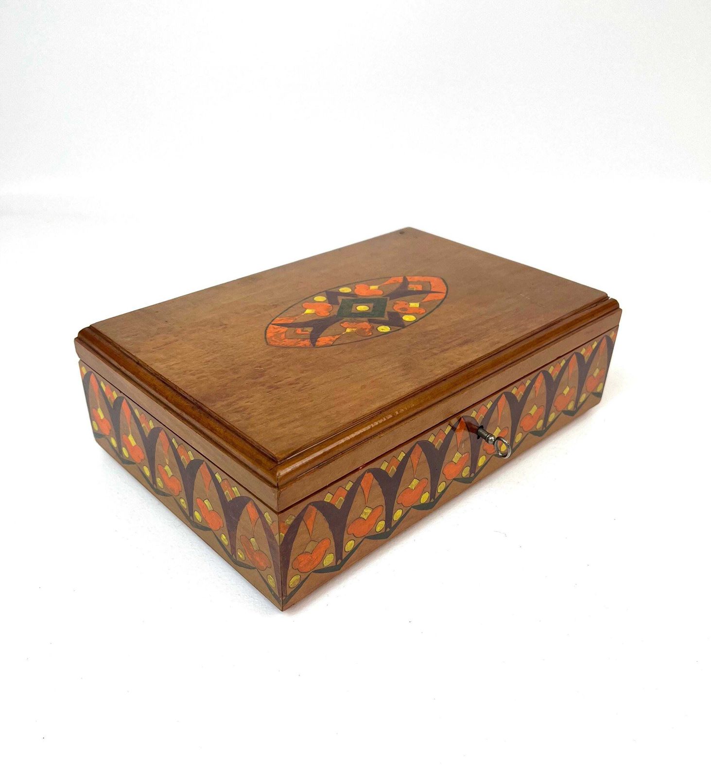 Rare Antique Art Nouveau Wooden Hand Painted Jewelry Box With Lock & Key