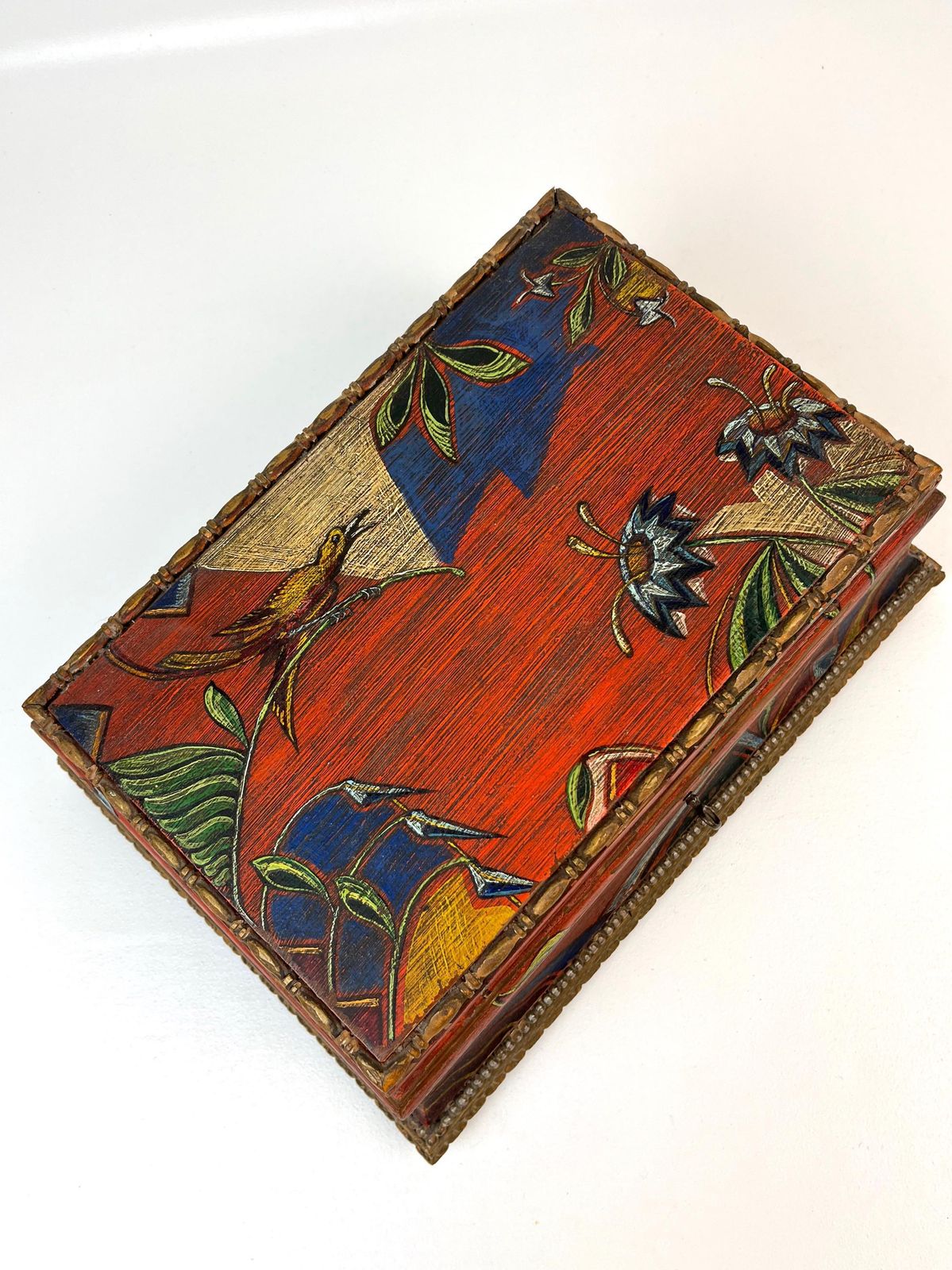 Stunning Unique Art Deco Antique Large Artist Handmade Wooden Jewelry Box With Lock & Key photo furniture