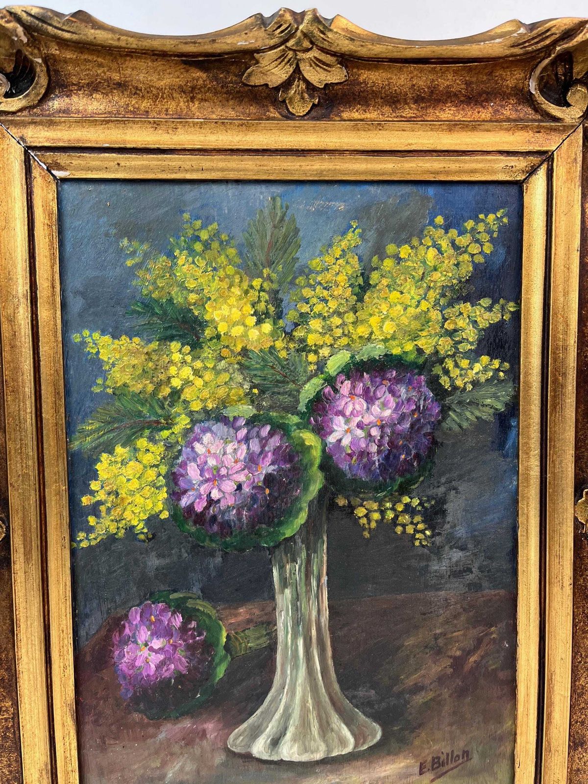 Antique French Hydrangeas Floral Still Life Oil Painting Flowers Signed By E .Billon Framed photo furniture