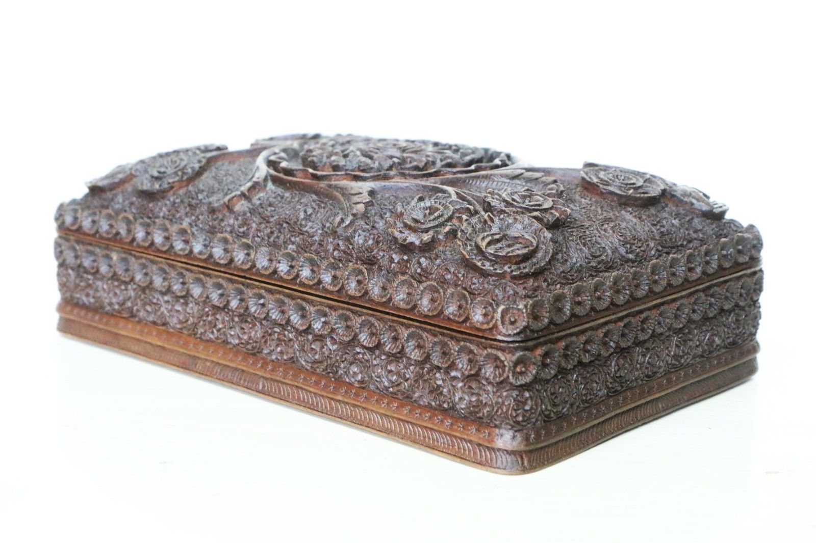 photo for sale Antique And Outstanding Kashmiri Carved Wooden Box Early 20th C.