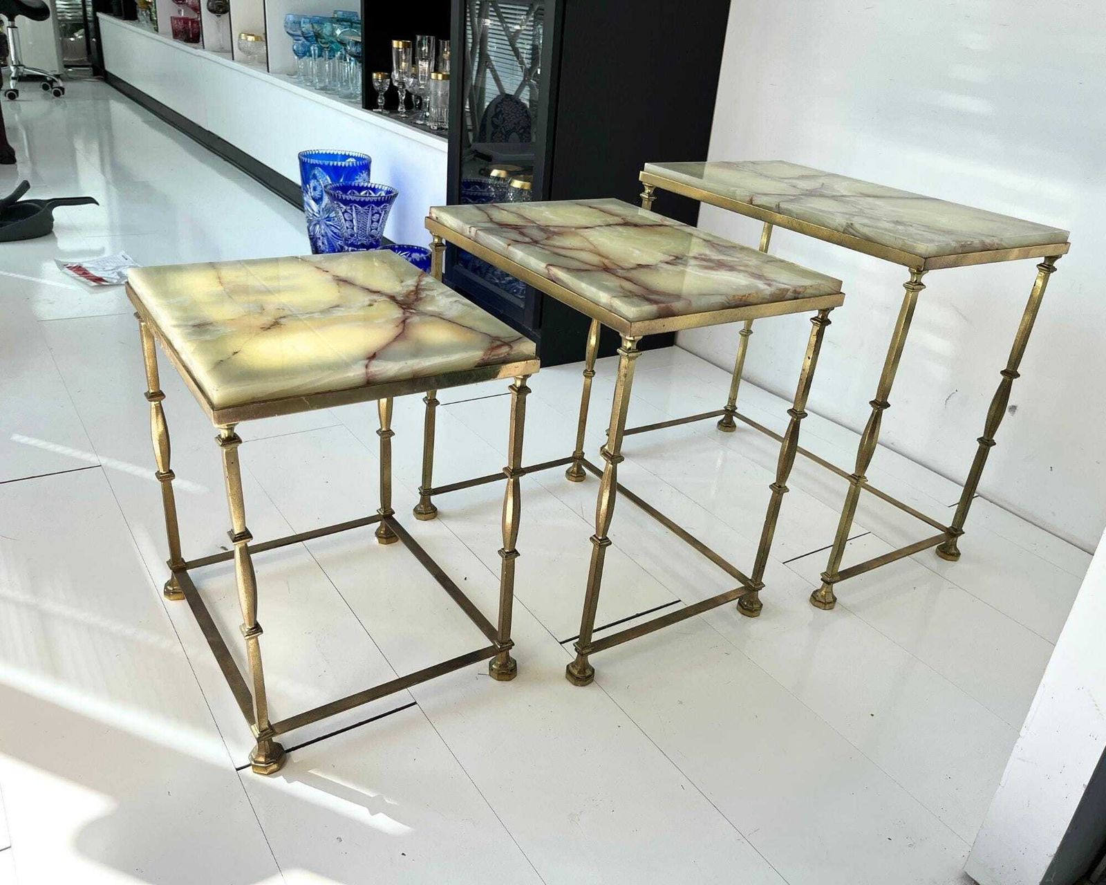 Onyx Nesting Tables | Mid Century Maison Jansen Style | Brass & Green Onyx Side Tables photo furniture