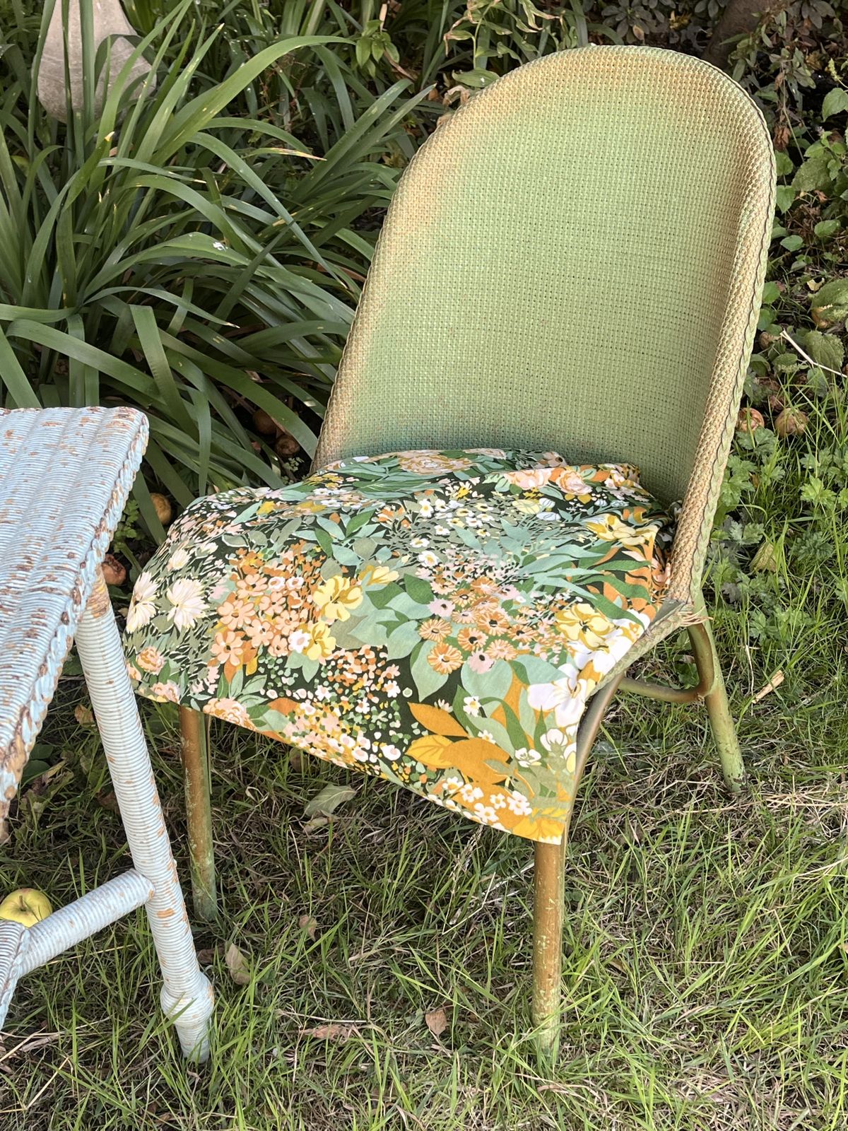 Vintage William Morris Co ‘Sirrom’ Flat Weave Chair In Pea Green & Vintage Sanderson Seat Fabric