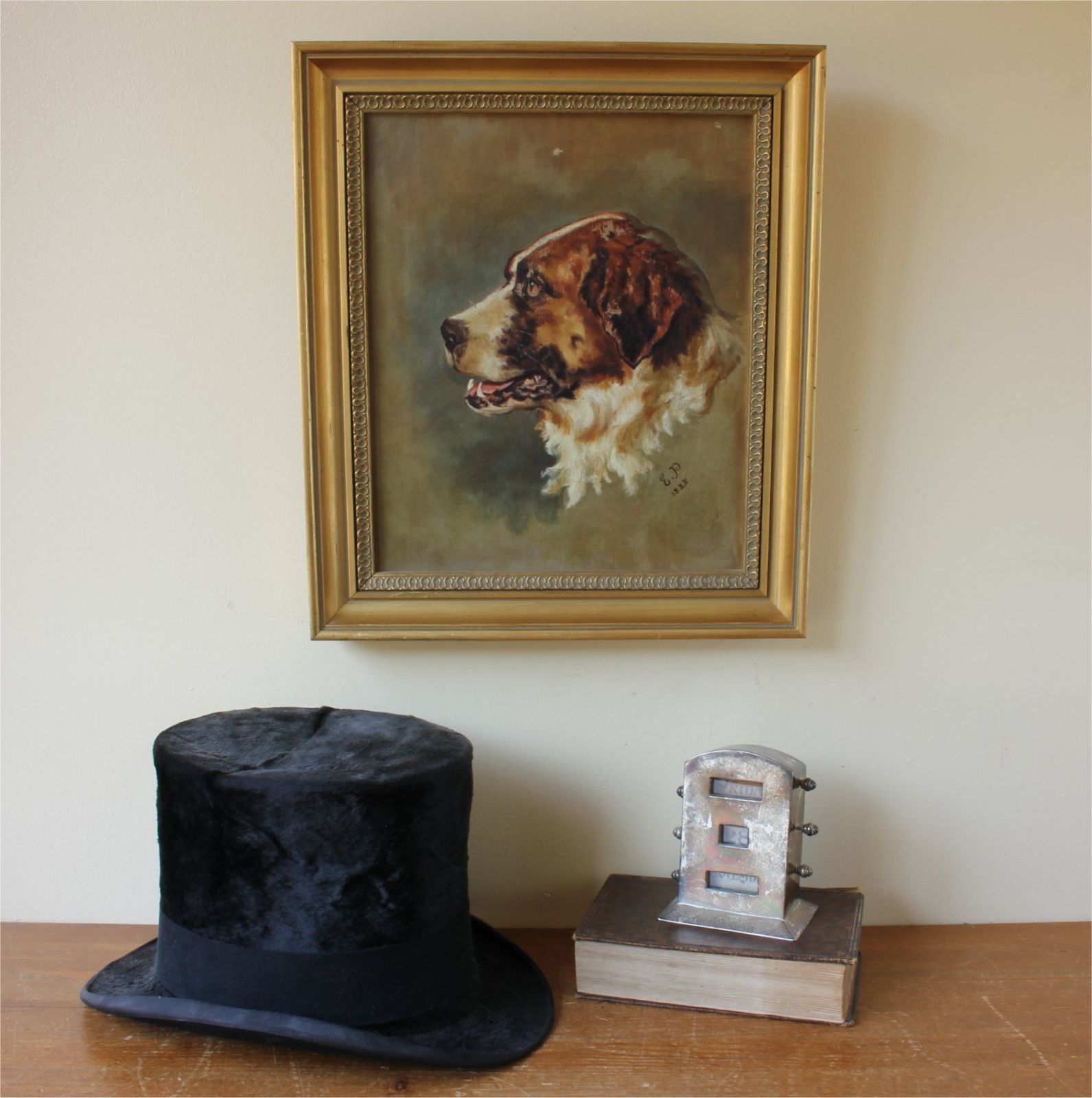 St Bernard Oil Painting On Canvas. Victorian Dog Portrait. Framed. 1888