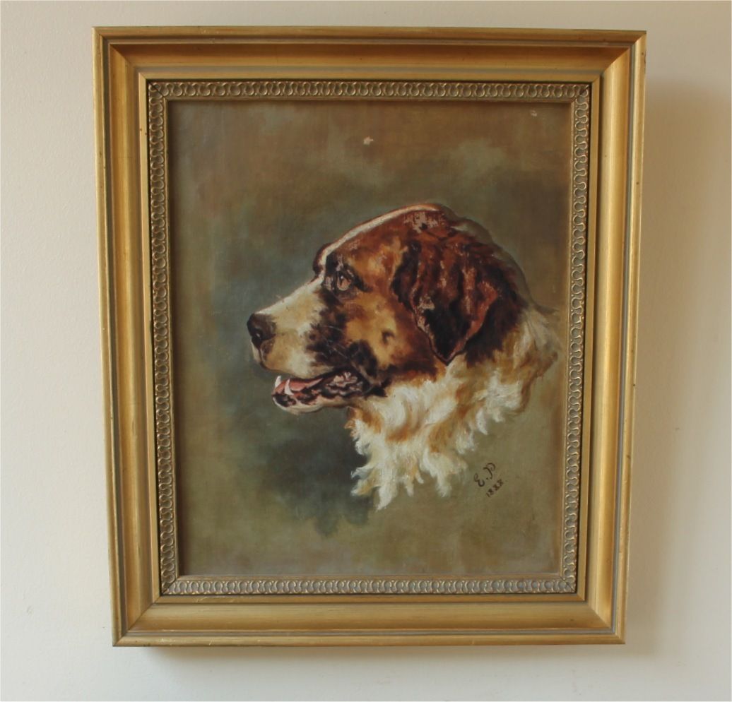 575.0 St Bernard Oil Painting On Canvas. Victorian Dog Portrait. Framed. 1888 photo