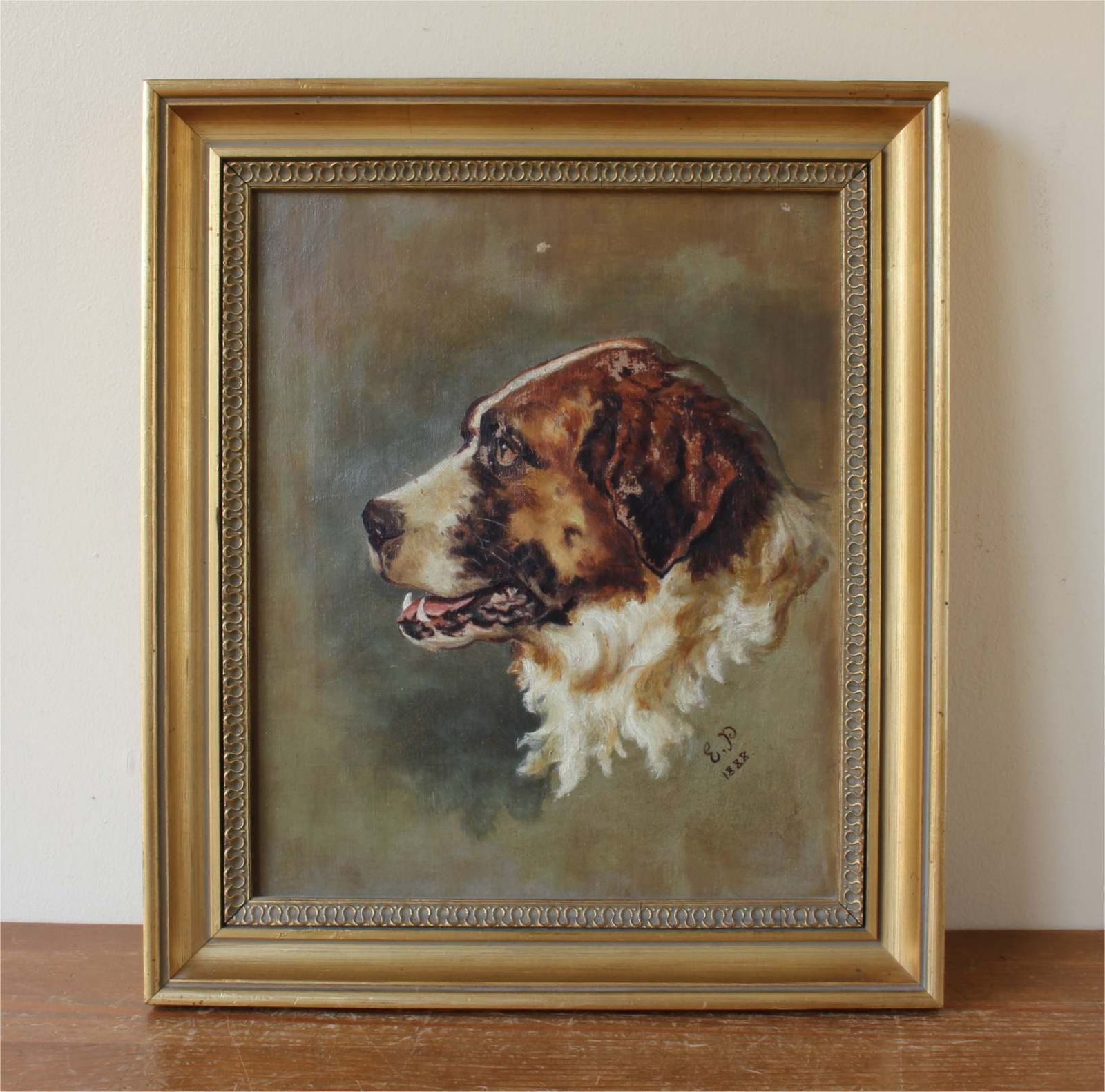 photo buy St Bernard Oil Painting On Canvas. Victorian Dog Portrait. Framed. 1888
