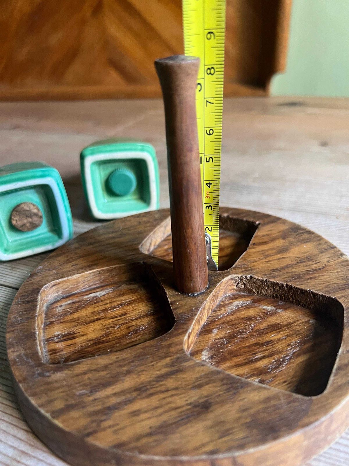 Vintage Cruet Set Green Glaze Salt Pepper Mustard Pot On Teak Holder. Blackfriars Ware Stamp. Art Deco Style Condiment Set. Vintage Kitchen. photo vinterior