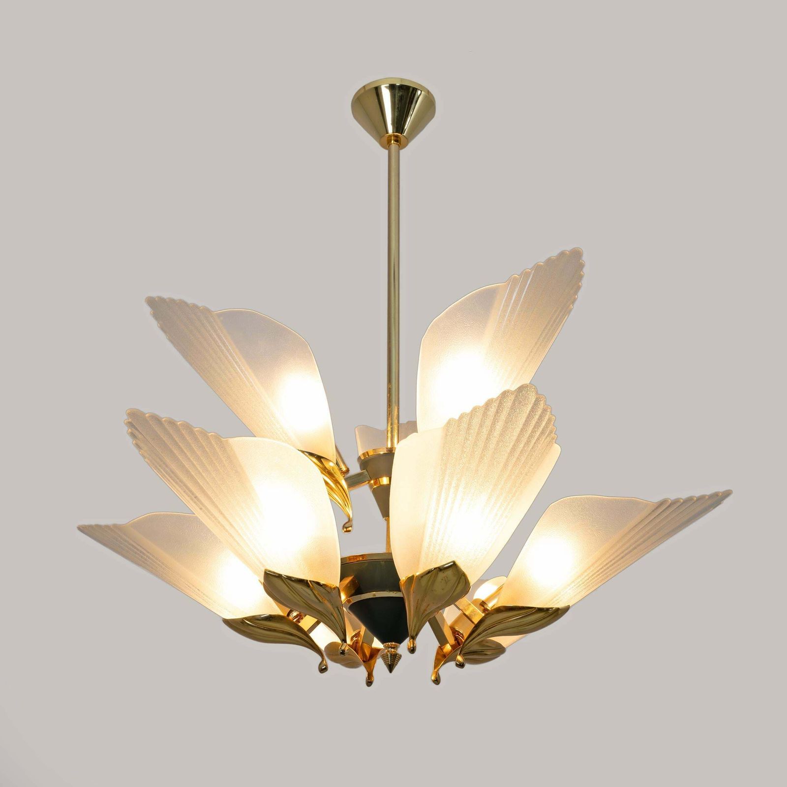 Nine Light Chandelier Brass And Acid Etched Glass By F. Fabbian, 1980s photo vinterior