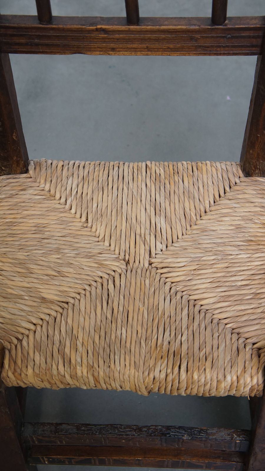 Nice Unique Set Of 2 Antique Spanish Farm Chairs With Woven Wicker Seat And Beautiful Wood Carving photo vinterior