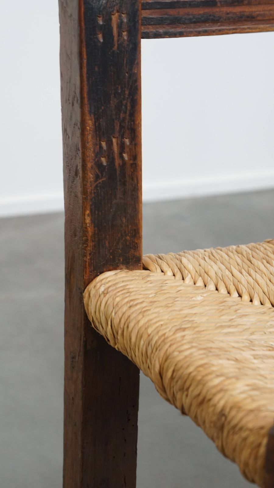 photo vinterior Nice Unique Set Of 2 Antique Spanish Farm Chairs With Woven Wicker Seat And Beautiful Wood Carving
