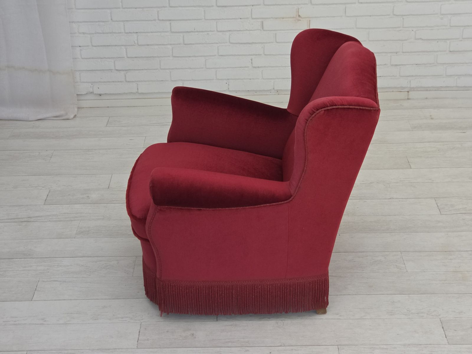 photo furniture 1960s, Danish Armchair, Red Furniture Velour, Beech Wood Legs.
