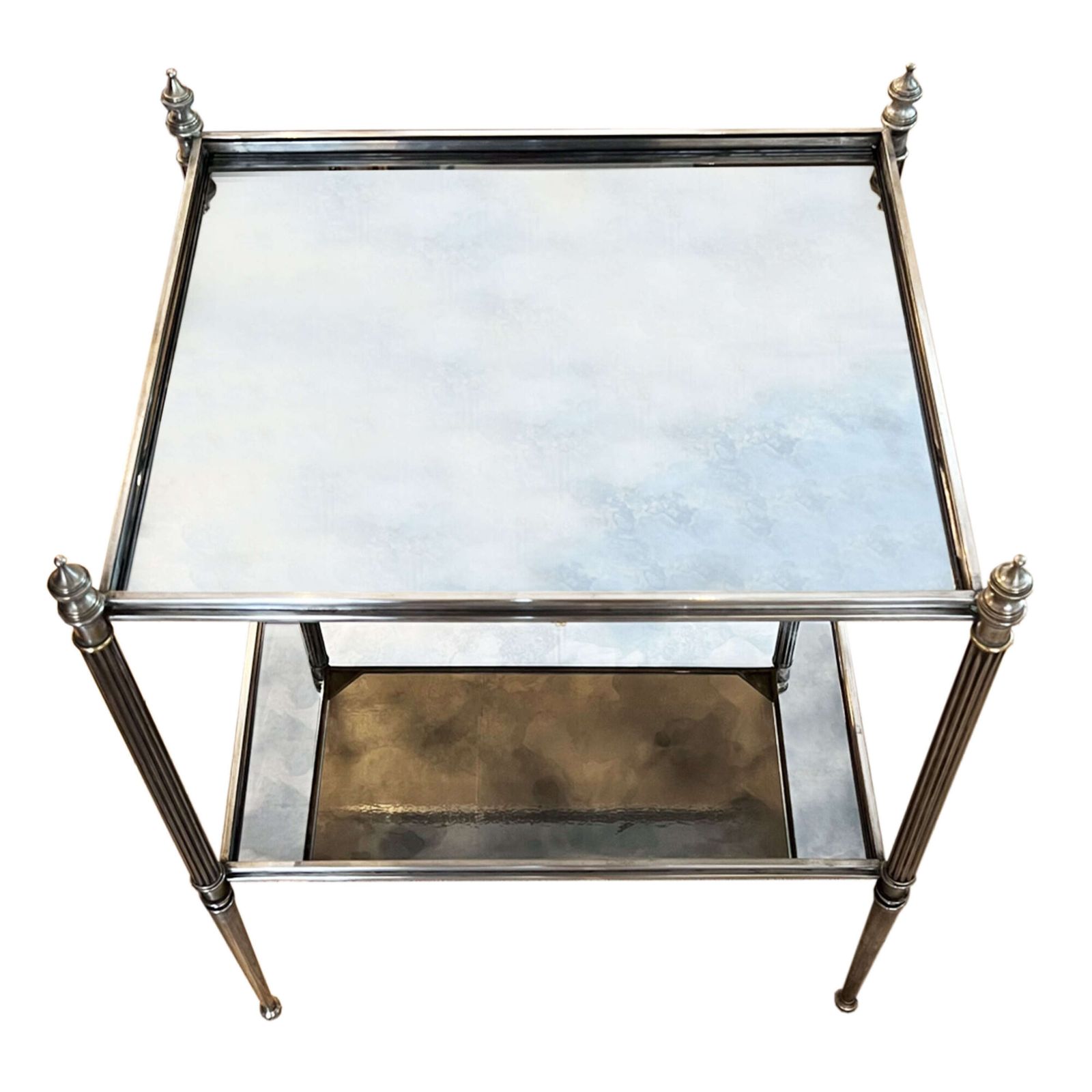 Pair Of French Midcentury Silver Plated Brass And Eglomise Glass Side Tables photo for sale