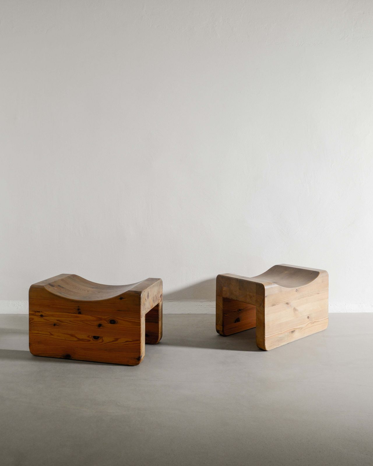 Pair Of Swedish Mid Century Sculptural "Palle" Wooden Pine Tabourets By K.J. Pettersson & Söner In Sweden, 1970s photo furniture
