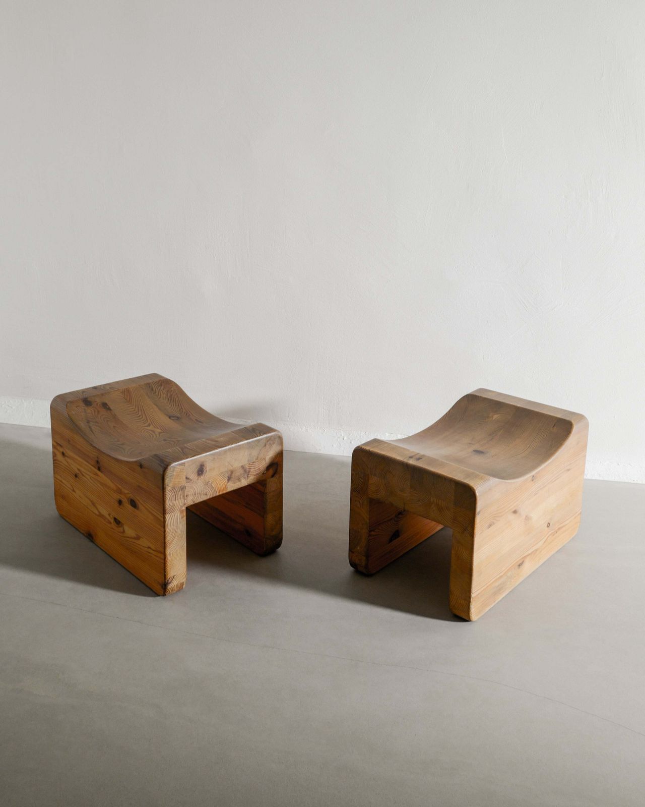 Pair Of Swedish Mid Century Sculptural "Palle" Wooden Pine Tabourets By K.J. Pettersson & Söner In Sweden, 1970s photo Furniture
