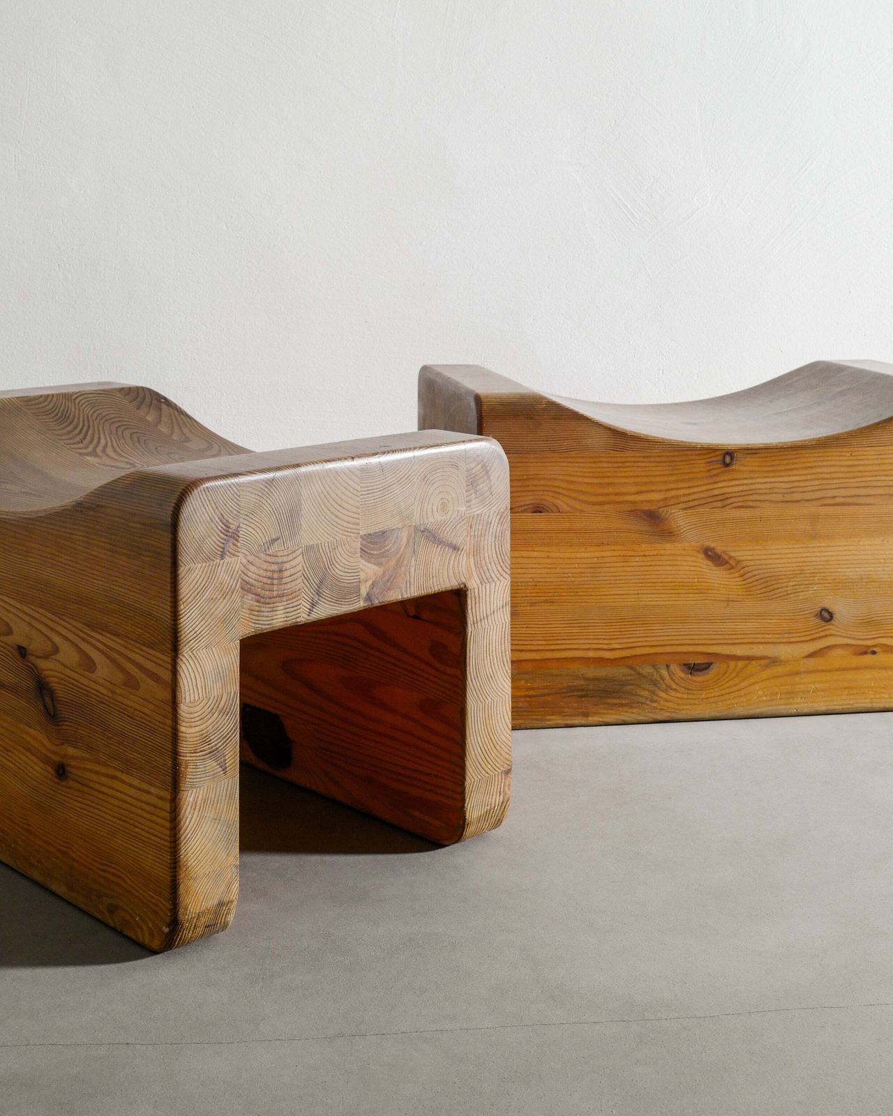 Pair Of Swedish Mid Century Sculptural "Palle" Wooden Pine Tabourets By K.J. Pettersson & Söner In Sweden, 1970s photo vinterior