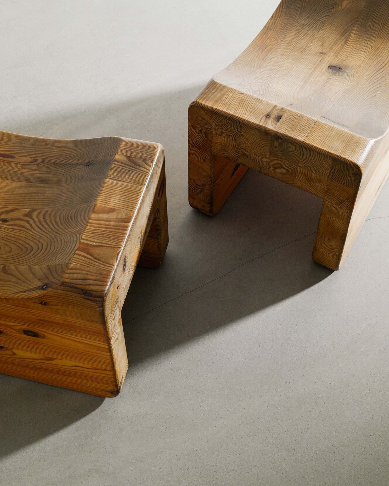 Pair Of Swedish Mid Century Sculptural "Palle" Wooden Pine Tabourets By K.J. Pettersson & Söner In Sweden, 1970s photo vintage