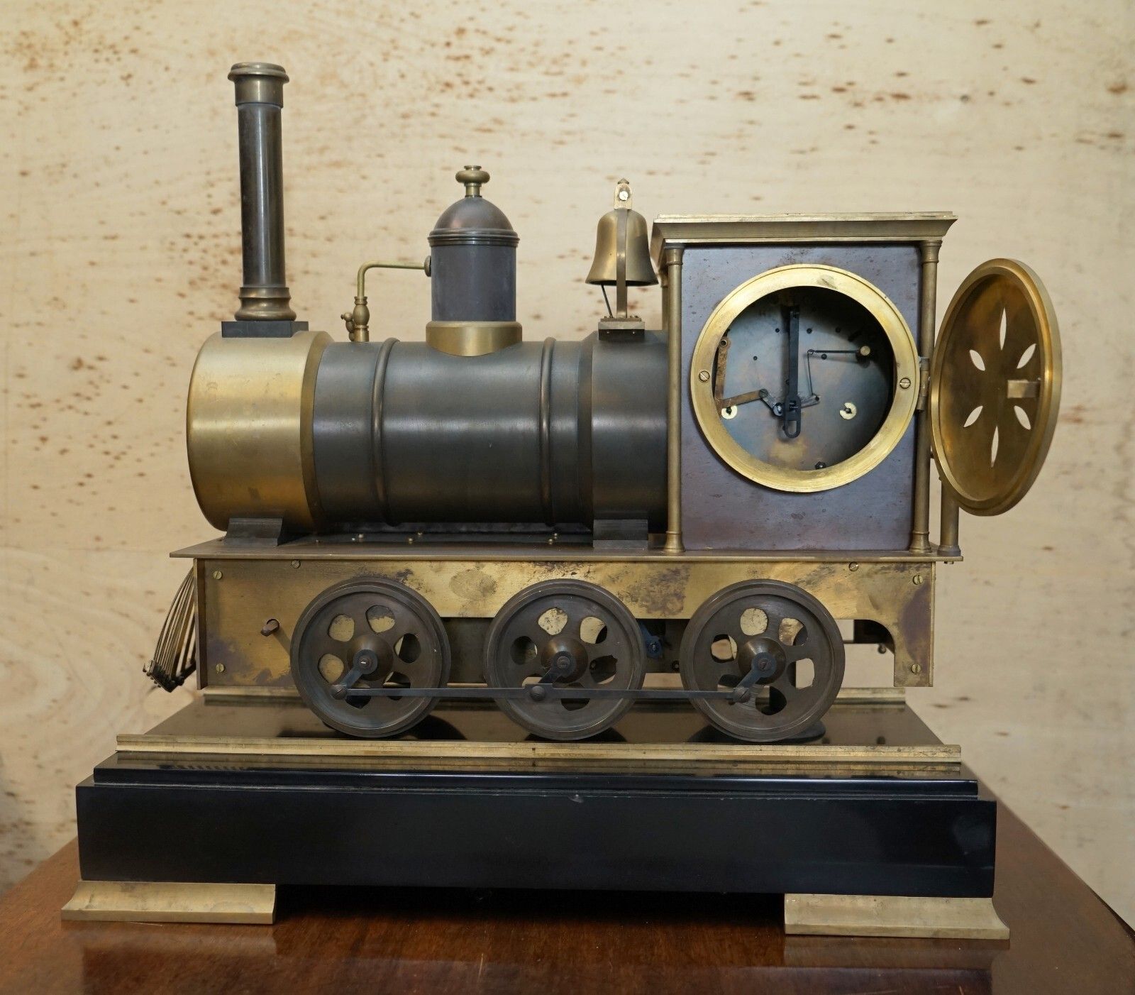 photo for sale Fine Circa 1895 French Automaton Industrial Locomotive Moving Gilt Bronze Clock