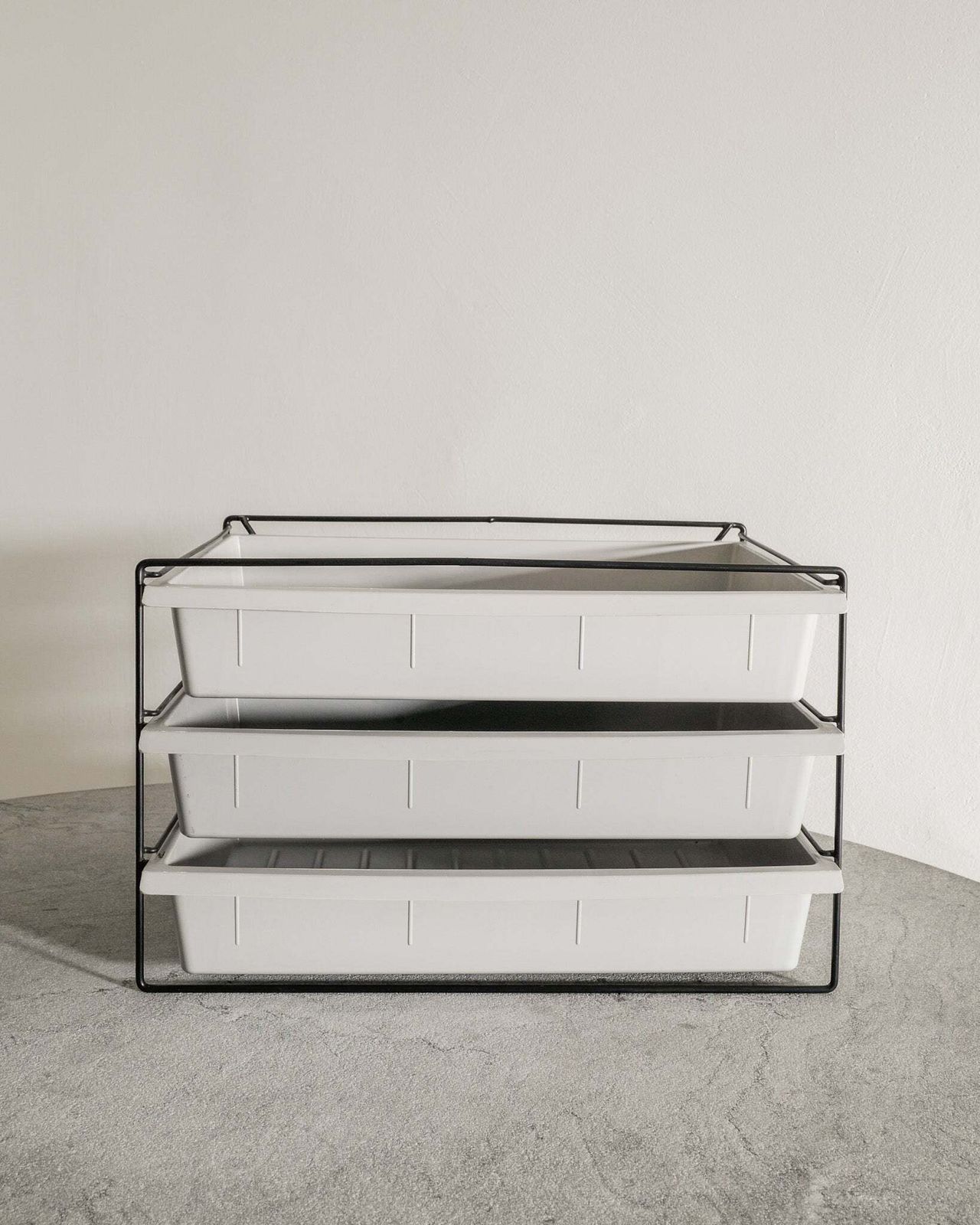 French Mid Century File Magazine Rack In Black Metal & Grey Plastic Drawers By Charlotte Perriand, 1950s photo furniture