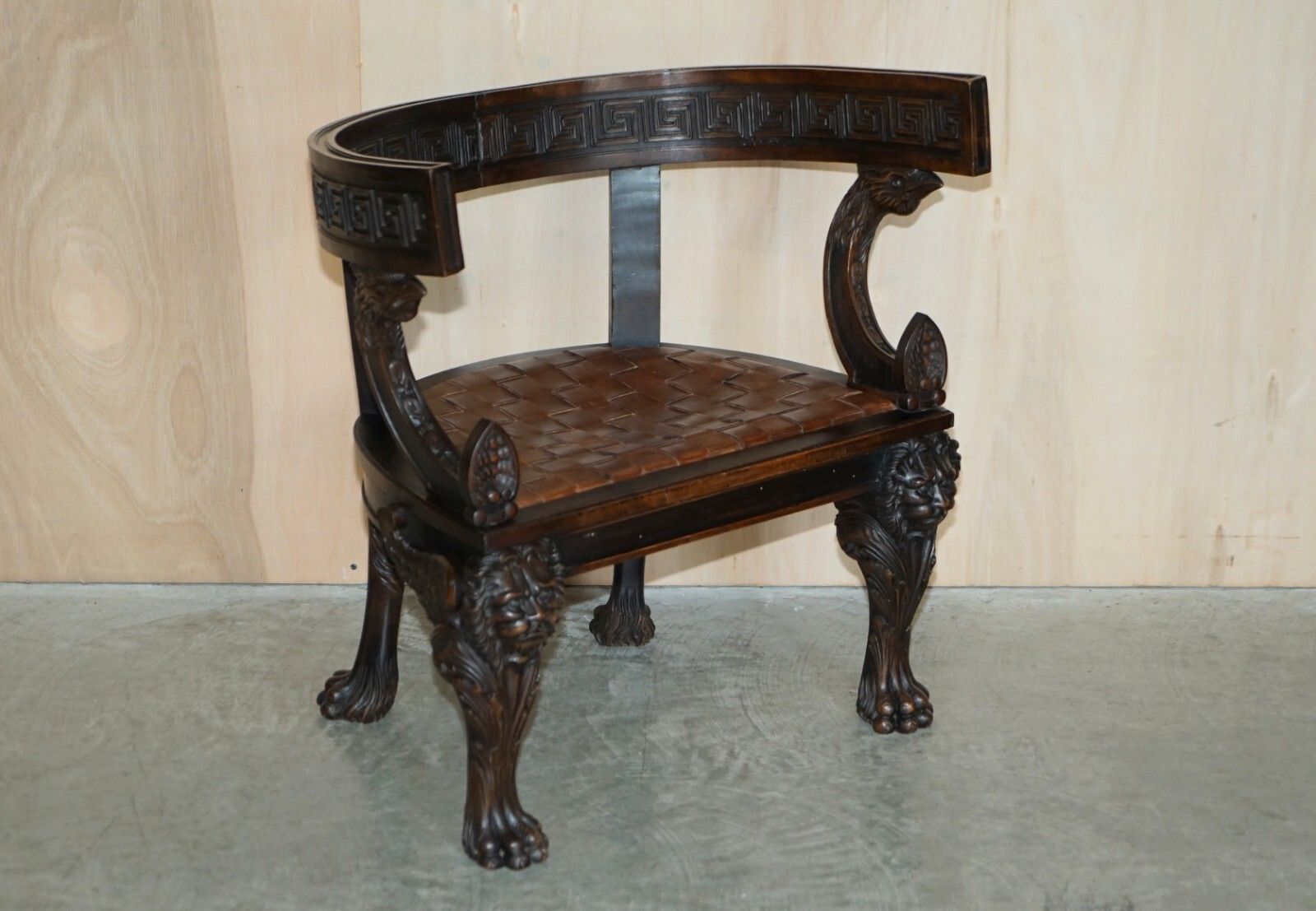 Pair Of Important Original Antique Klismos Armchairs Carved Lions Woven Leather photo furniture