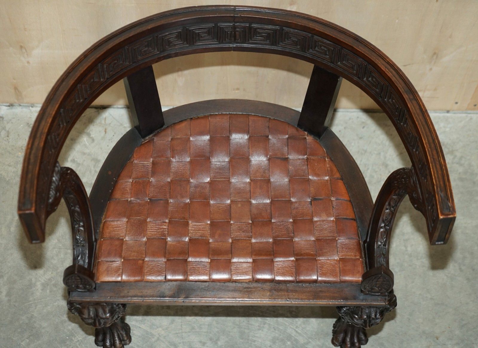 Pair Of Important Original Antique Klismos Armchairs Carved Lions Woven Leather photo buy