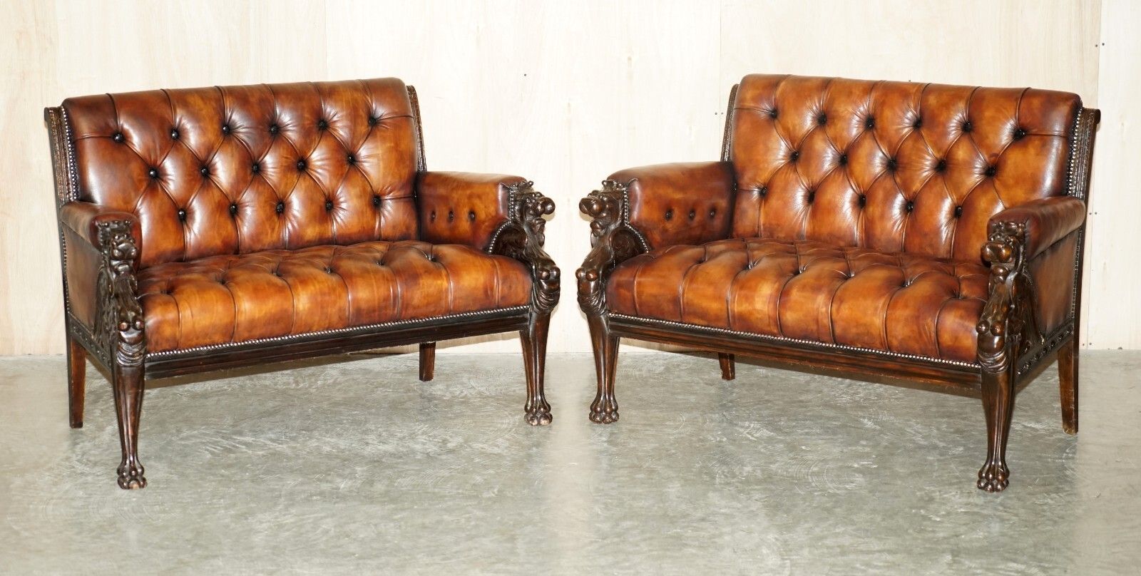 Restored Antique Lion Hand Carved Brown Leather Chesterfield Sofa Armchair Suite photo furniture
