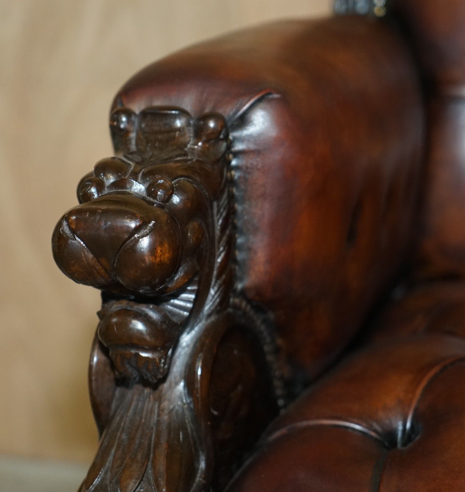photo furniture Restored Antique Lion Hand Carved Brown Leather Chesterfield Sofa Armchair Suite